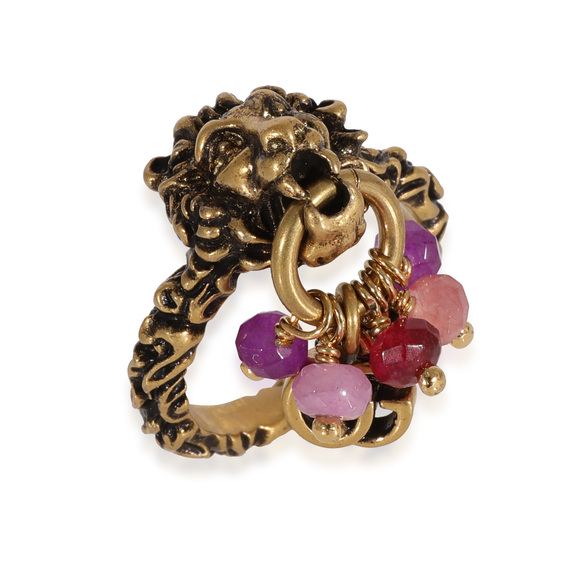 Gucci Brass Tone Lion Head & Beaded Charm Ring with Marmot GG - Picture 2 of 5